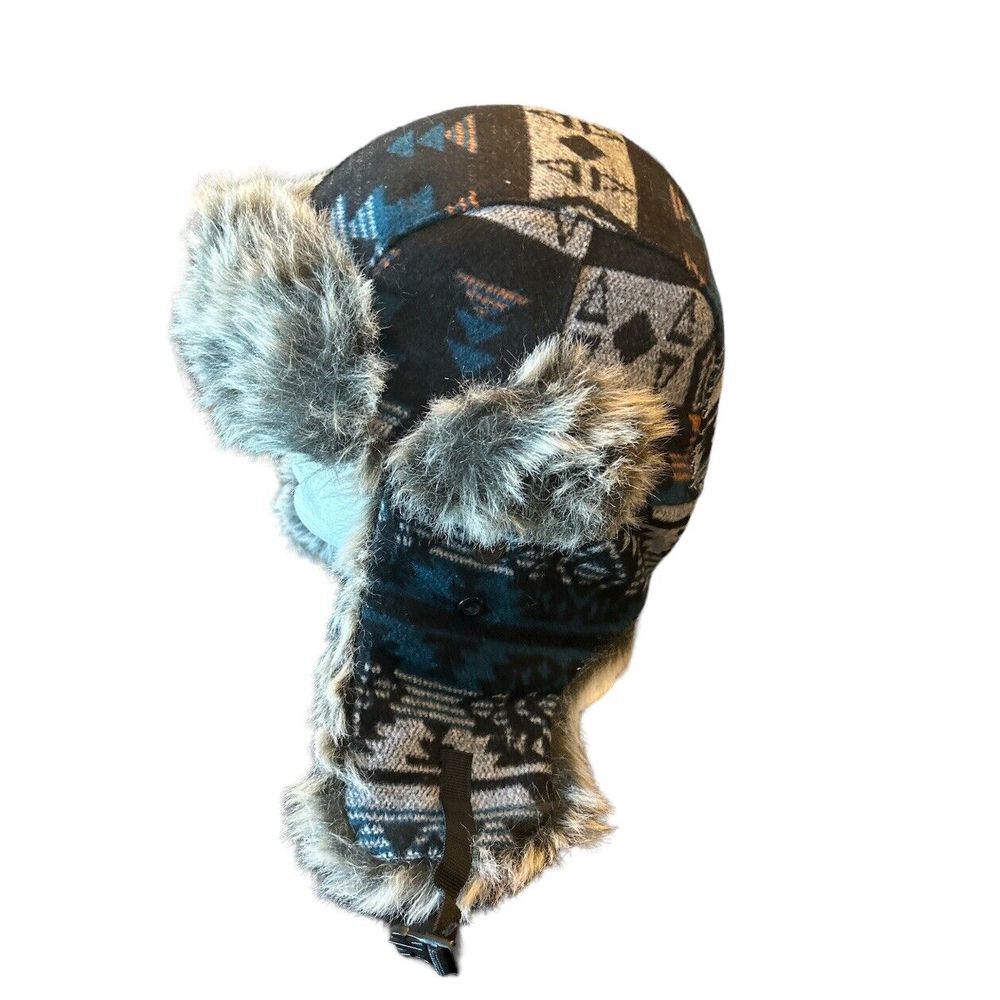 Dakota Dan‎ Trooper Trapper Hat Faux Fur Bomber Style Lined Blue Plaid Ear Flaps